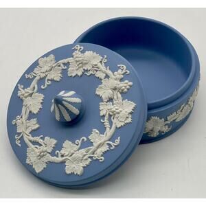 Wedgwood Blue Jasperware Round Acanthus Trinket Box Candy Dish